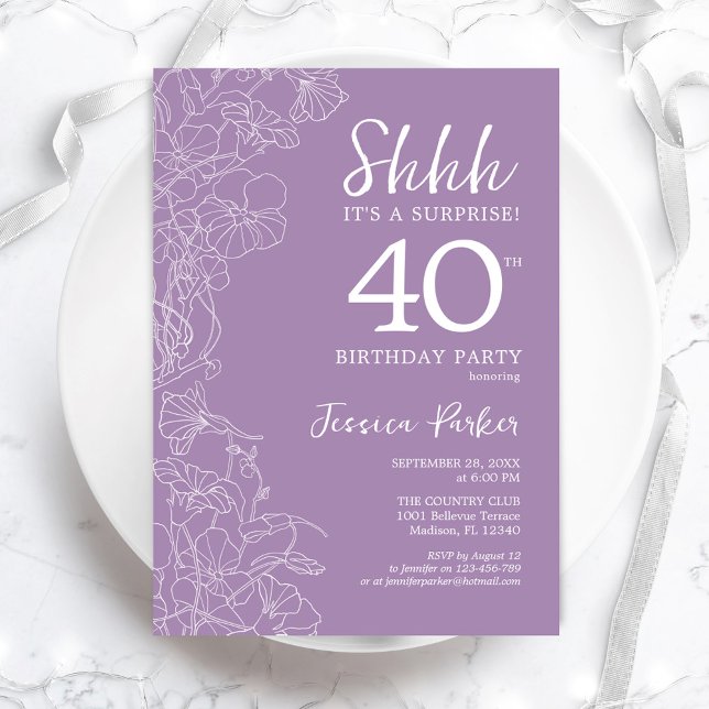 Invitación Sorpresa 40 cumpleaños - Morado floral (Subido por el creador)