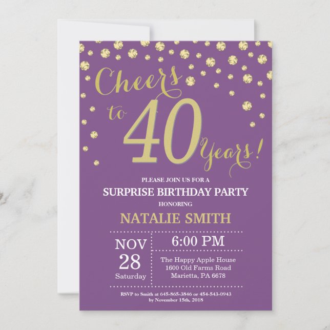 Invitación Sorpresa 40 cumpleaños morado y diamante dorado (Anverso)