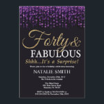Invitación Sorpresa 40 cumpleaños, morado y Purpurina de oro<br><div class="desc">Sorpresa 40 cumpleaños invitación. Cuarenta y fabuloso. Purpurina morado negro y oro.Fiesta de cumpleaños para adultos. Para hombres o mujeres.
Para más personalización,  haga clic en el botón "Personalizar" y utilice nuestra herramienta de diseño para modificar esta plantilla.</div>