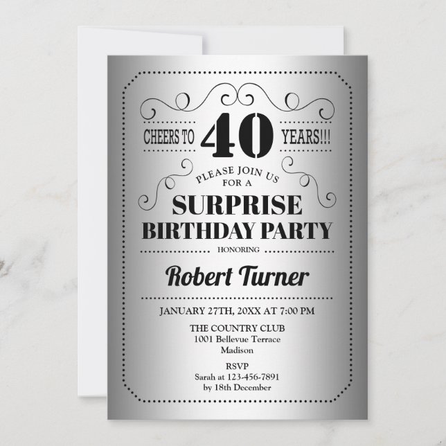 Invitación Sorpresa 40 cumpleaños - negro plateado (Anverso)