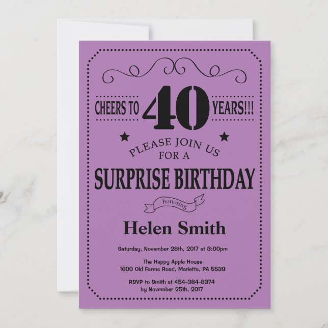 Invitación Sorpresa 40 cumpleaños negro y morado (Anverso)