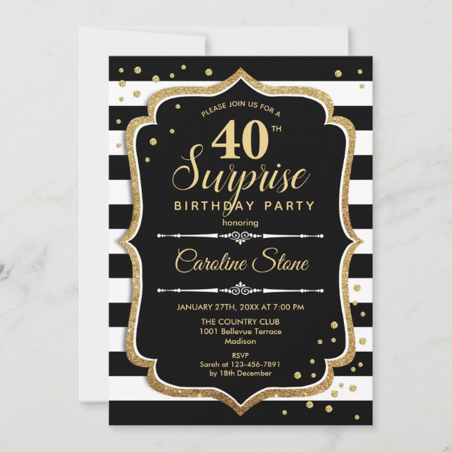 Invitación Sorpresa 40 cumpleaños - Oro blanco negro (Anverso)