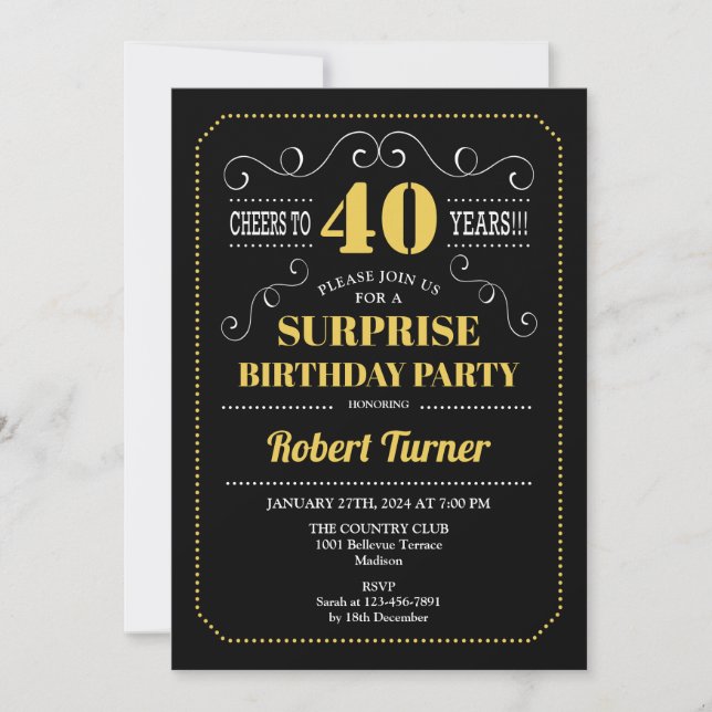Invitación Sorpresa 40 cumpleaños - Oro negro (Anverso)