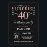 Invitación Sorpresa 40 cumpleaños, oro negro y rosa Rosa<br><div class="desc">Sorpresa 40 cumpleaños invitación con fondo negro y Rosa Purpurina de oro rosa.Pizarra. Cumpleaños de adultos. Invitar el cumpleaños de hombres o mujeres. Cualquier edad.
Para más personalización,  haga clic en el botón "Personalizar" y utilice nuestra herramienta de diseño para modificar esta plantilla.</div>
