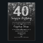 Invitación Sorpresa 40 cumpleaños - Plata negra<br><div class="desc">Sorpresa 40.ª Invitación de cumpleaños. Elegante diseño blanco negro con una falsa plata purpurina. Cumpleaños de adultos. Presenta diamantes y tipos de letra de guión. invitaciones de cumpleaños de hombres o mujeres. Perfecto para una elegante fiesta de cumpleaños. Mándame un mensaje si necesitas más personalización.</div>
