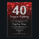 Invitación Sorpresa 40 cumpleaños - Plata roja negra<br><div class="desc">Sorpresa 40.ª Invitación de cumpleaños. Elegante diseño rojo negro con una falsa plata purpurina. Cumpleaños de adultos. Incluye diamantes,  luces de bokeh y fuente de guiones. Invitación de cumpleaños de hombres o mujeres. Perfecto para una elegante fiesta de cumpleaños. Mándame un mensaje si necesitas más personalización.</div>