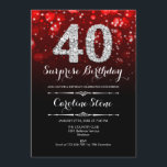 Invitación Sorpresa 40 cumpleaños - Plata roja negra<br><div class="desc">Sorpresa 40.ª Invitación de cumpleaños. Elegante diseño rojo negro con una falsa plata purpurina. Cumpleaños de adultos. Incluye diamantes,  luces de bokeh y fuente de guiones. Invitación de cumpleaños de hombres o mujeres. Perfecto para una elegante fiesta de cumpleaños. Mándame un mensaje si necesitas más personalización.</div>