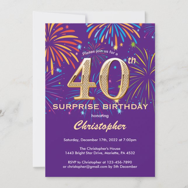 Invitación Sorpresa 40 cumpleaños Purple y Gold Firework (Anverso)