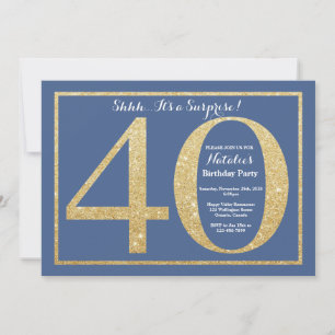Invitación Sorpresa 40 cumpleaños Purpurina azul y oro