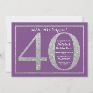 Invitación Sorpresa 40 cumpleaños Purpurina morado y plateado