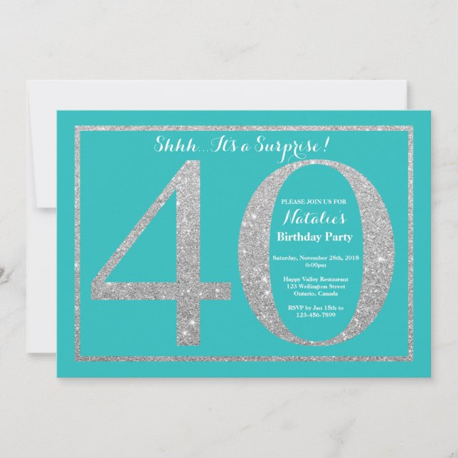 Invitación Sorpresa 40 cumpleaños Purpurina Verde azulado y p (Anverso)
