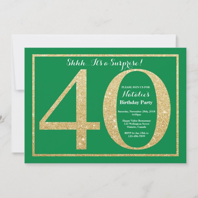 Invitación Sorpresa 40 cumpleaños Purpurina Verde y Oro (Anverso)