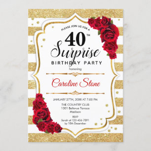 Invitación Sorpresa 40 cumpleaños - Rojo blanco dorado