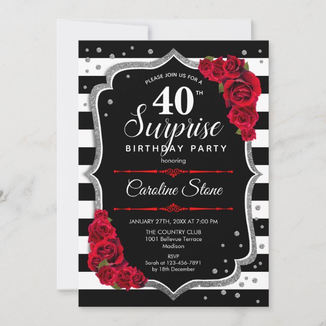Invitación Sorpresa 40 cumpleaños - Rojo blanco negro (Anverso)