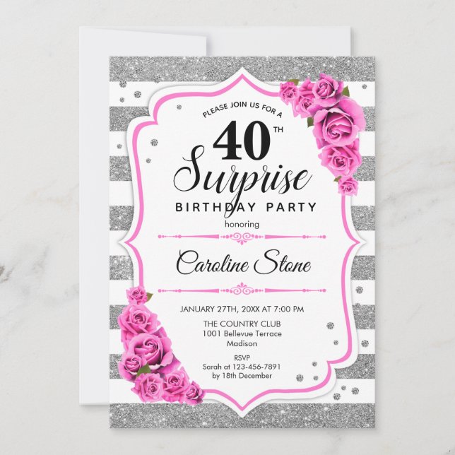 Invitación Sorpresa 40 cumpleaños - rosa blanco plateado (Anverso)