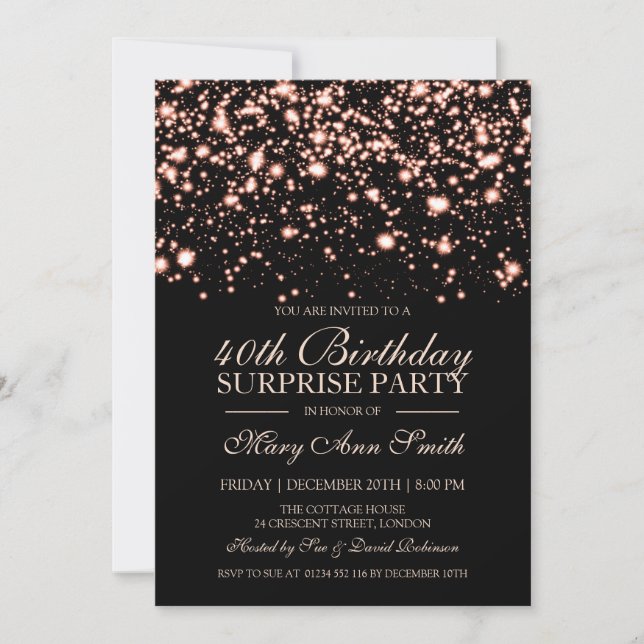 Invitación Sorpresa 40 cumpleaños Rosa Gold Midnight Glam (Anverso)