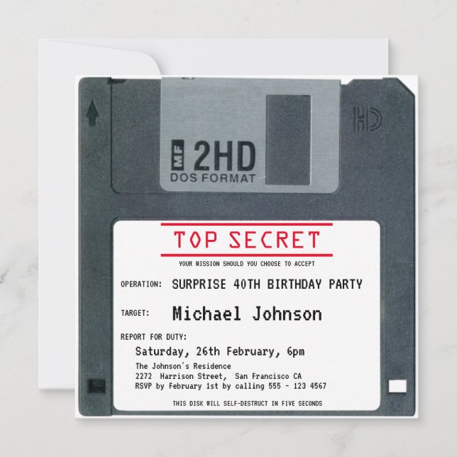 Invitación Sorpresa 40 cumpleaños Top Secret Retro 80 disco (Anverso)
