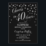 Invitación Sorpresa 40 Fiesta de cumpleaños - negro plateado<br><div class="desc">Sorpresa 40th Birthday Party Invitation Elegante diseño con finas plata purpurina y negro. Presenta el tipo de letra del guión y el perfil. ¡Salud a 40 años! Mándame un mensaje si necesitas una edad personalizado.</div>