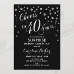 Invitación Sorpresa 40 Fiesta de cumpleaños - negro plateado<br><div class="desc">Sorpresa 40th Birthday Party Invitation Elegante diseño con finas plata purpurina y negro. Presenta el tipo de letra del guión y el perfil. ¡Salud a 40 años! Mándame un mensaje si necesitas una edad personalizado.</div>