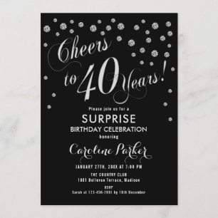 Invitación Sorpresa 40 Fiesta de cumpleaños - negro plateado