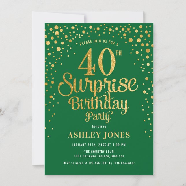 Invitación Sorpresa 40 Fiesta de cumpleaños - Verde y Oro (Anverso)