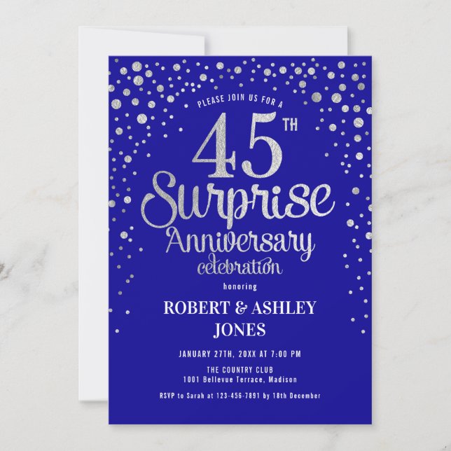 Invitación Sorpresa 45° Aniversario - Azul y Plata de zafiro (Anverso)