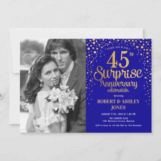 Invitación Sorpresa 45° aniversario con foto - Oro Azul (Anverso)
