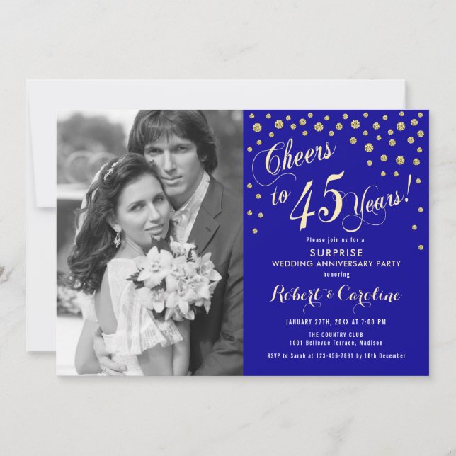 Invitación Sorpresa 45 Aniversario con Foto - Oro Azul (Anverso)