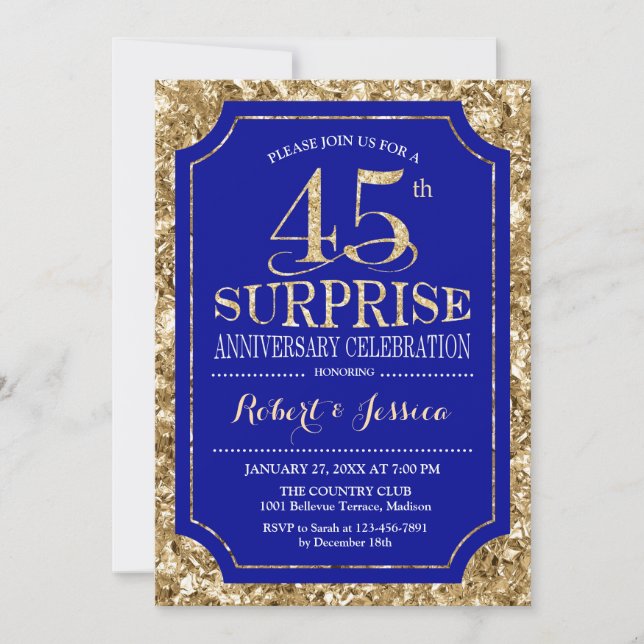 Invitación Sorpresa 45 Aniversario de Boda - Azul Oro (Anverso)