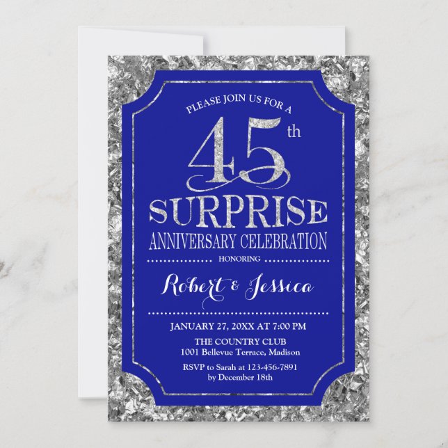 Invitación Sorpresa 45 Aniversario de Boda - Azul Plateado (Anverso)