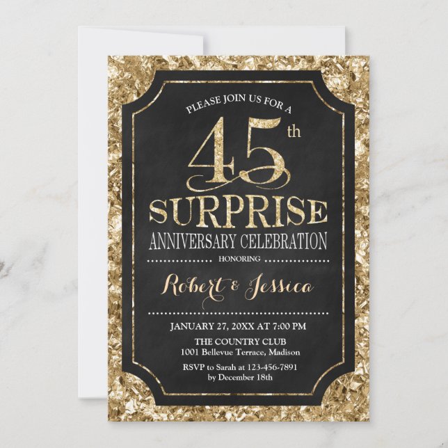 Invitación Sorpresa 45 Aniversario de Boda - Negro Oro (Anverso)