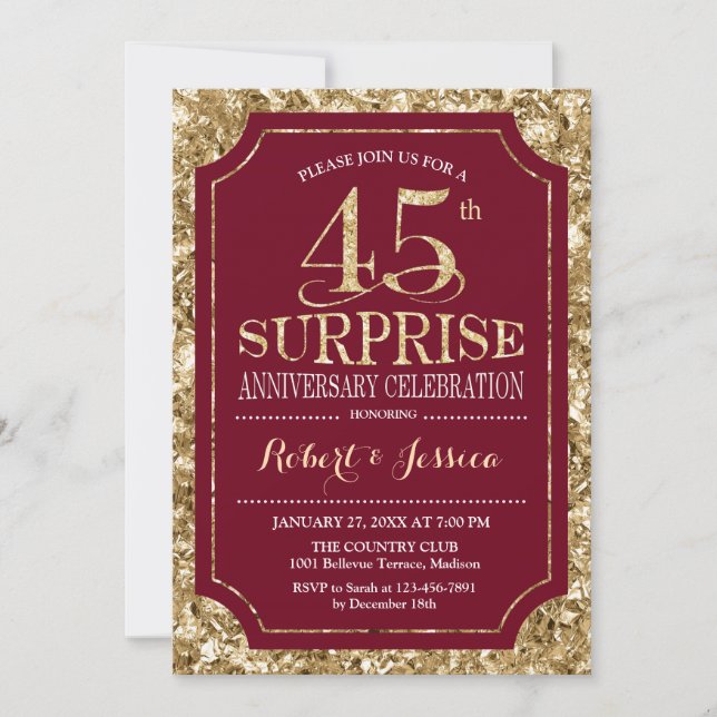Invitación Sorpresa 45 Aniversario de Boda - Rojo Dorado (Anverso)