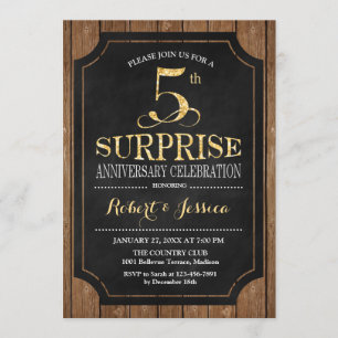 Invitación Sorpresa 5º Aniversario de Boda - Madera Negra Oro