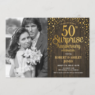 Invitación Sorpresa 50º Aniversario con Foto - Madera Dorada