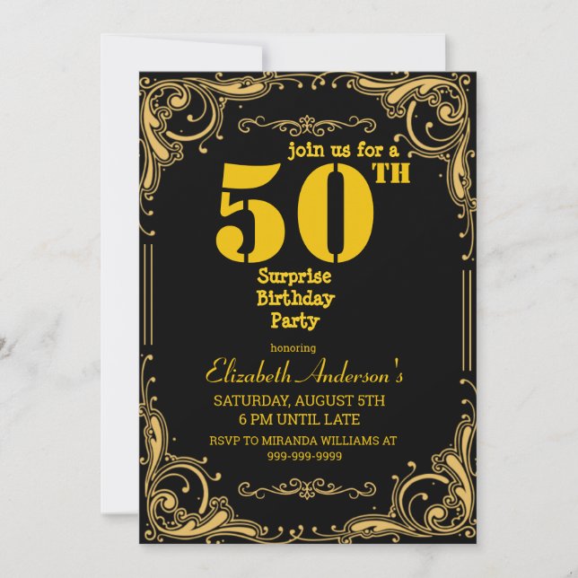 Invitación Sorpresa 50.ª fiesta de cumpleaños Black & Gold (Anverso)