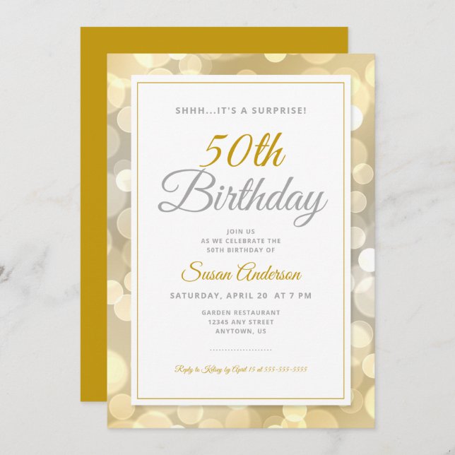 Invitación Sorpresa 50.ª fiesta de cumpleaños | Bokeh de oro (Anverso / Reverso)