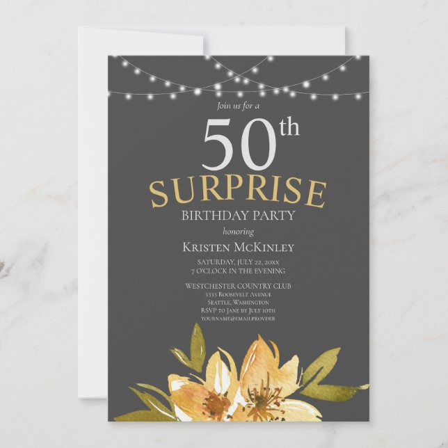 Invitación Sorpresa 50.ª fiesta de cumpleaños floral amarilla (Anverso)