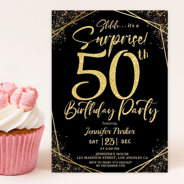 Invitación Sorpresa 50.ª fiesta de cumpleaños Purpurina negro (Subido por el creador)