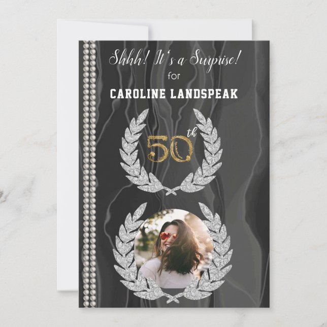 Invitación Sorpresa 50.ª foto de cumpleaños, oro, perlas y se (Anverso)