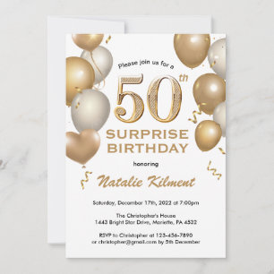 Invitación Sorpresa 50.º Balón Blanco y Oro de cumpleaños