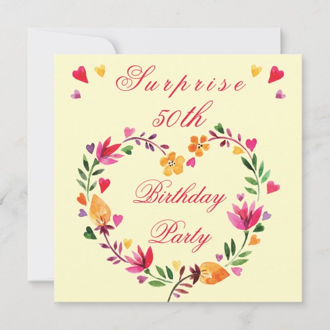 Invitación Sorpresa 50.º cumpleaños Acuarela Floral Corazón (Anverso)