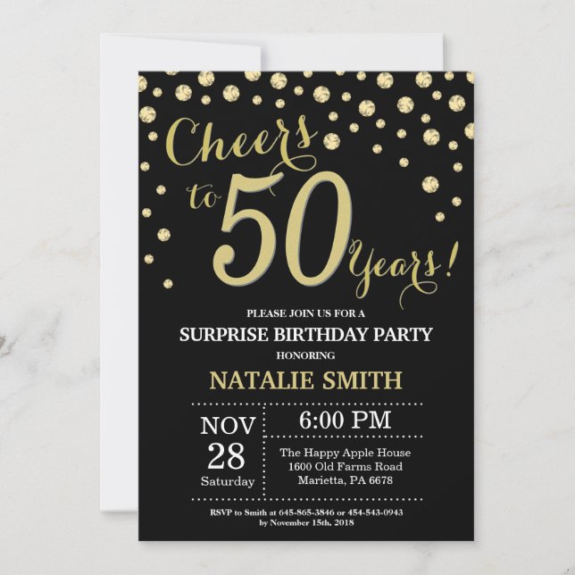 Invitación Sorpresa 50.º cumpleaños Diamante Negro y Oro (Anverso)