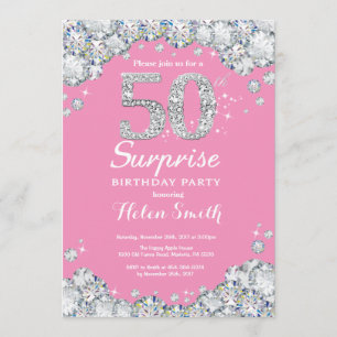 Invitación Sorpresa 50.º cumpleaños Diamante rosado y platead