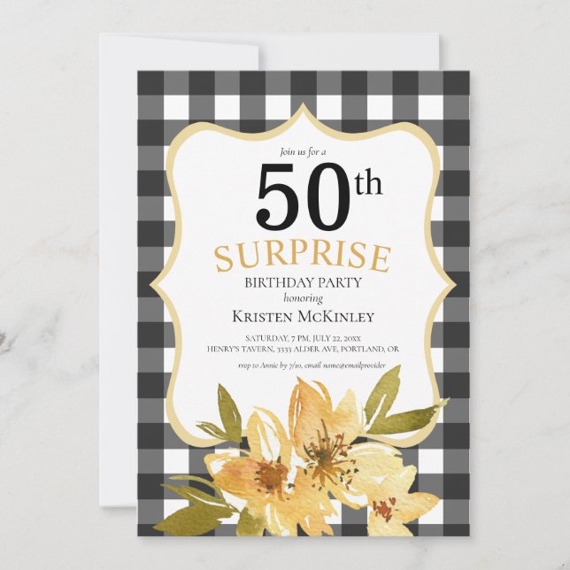 Invitación Sorpresa 50.º cumpleaños floral amarillo dorado de (Anverso)