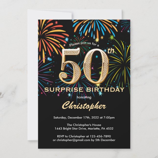 Invitación Sorpresa 50.º cumpleaños: Fuego de arcoiris de oro (Anverso)