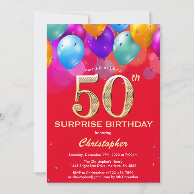Invitación Sorpresa 50.º cumpleaños Globos Rojo y Oro (Anverso)