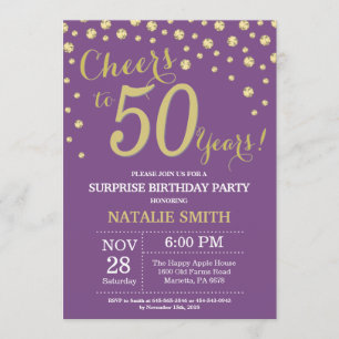 Invitación Sorpresa 50.º cumpleaños morado y diamante dorado
