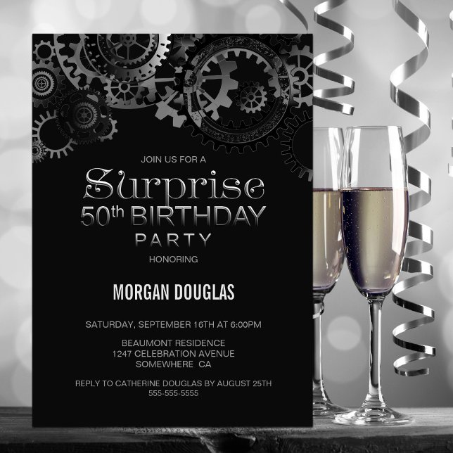 Invitación Sorpresa 50.º cumpleaños plata negra Steampunk (Subido por el creador)