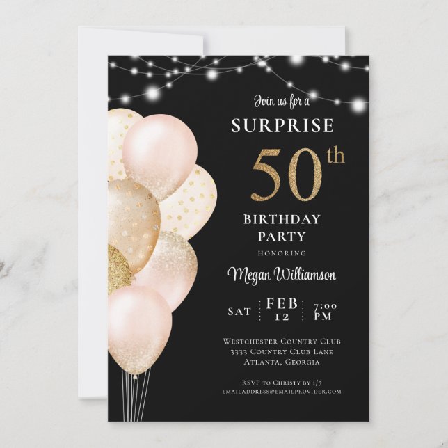 Invitación Sorpresa 50.º cumpleaños rosado de oro negro (Anverso)