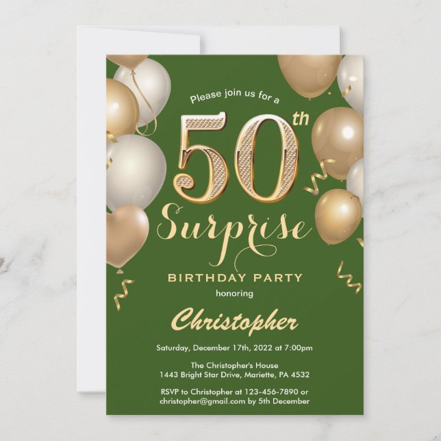 Invitación Sorpresa 50.º Globo Verde y Oro de cumpleaños (Anverso)